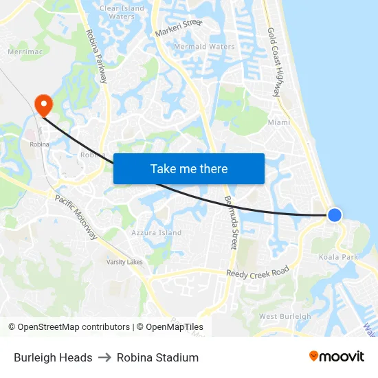 Burleigh Heads to Robina Stadium map