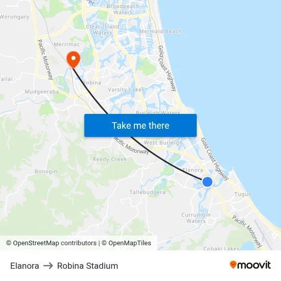 Elanora to Robina Stadium map