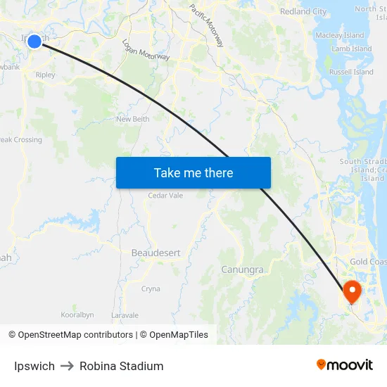 Ipswich to Robina Stadium map