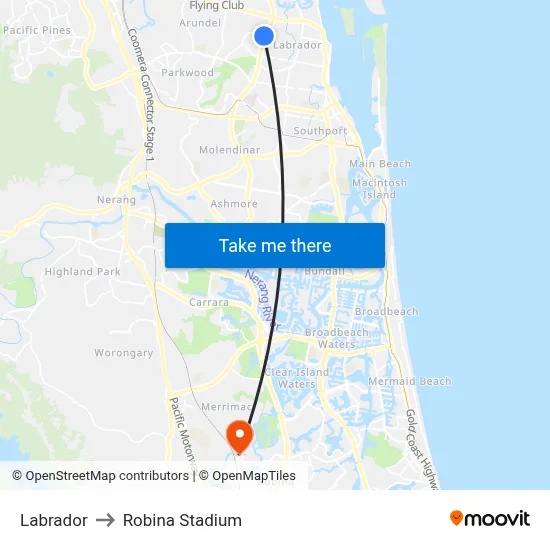 Labrador to Robina Stadium map