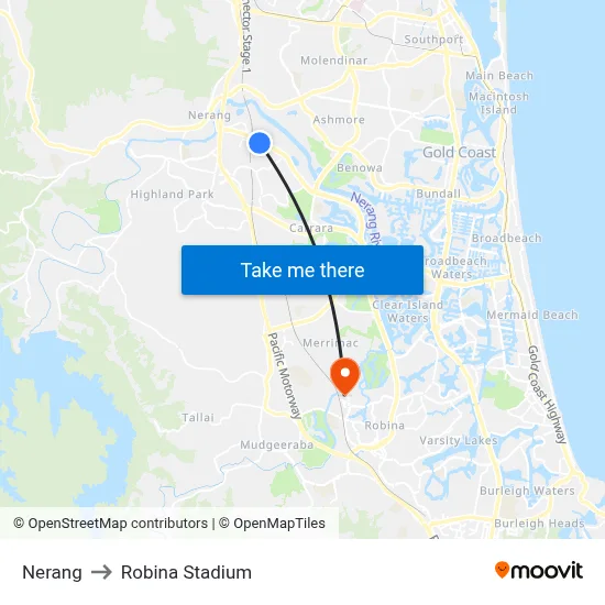 Nerang to Robina Stadium map