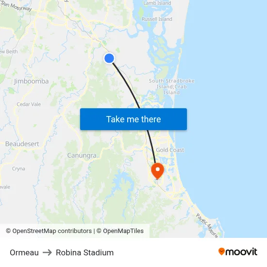 Ormeau to Robina Stadium map