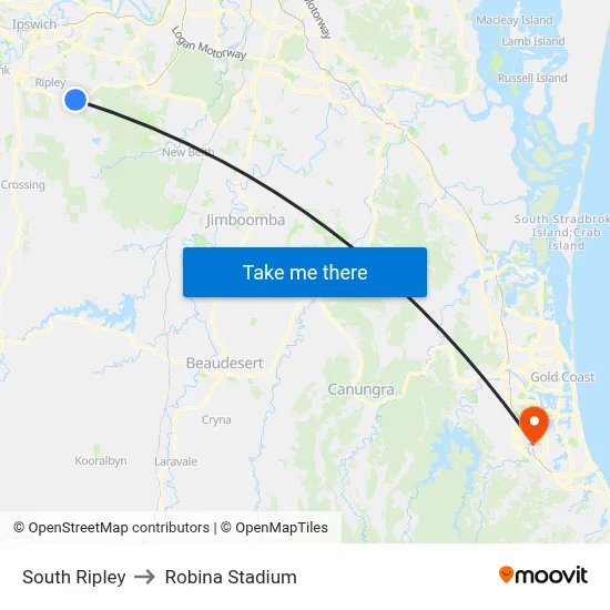 South Ripley to Robina Stadium map