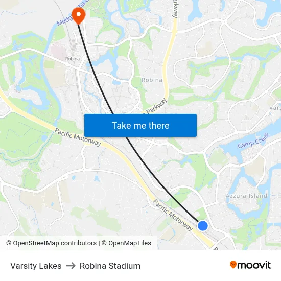 Varsity Lakes to Robina Stadium map