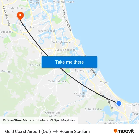 Gold Coast Airport (Ool) to Robina Stadium map
