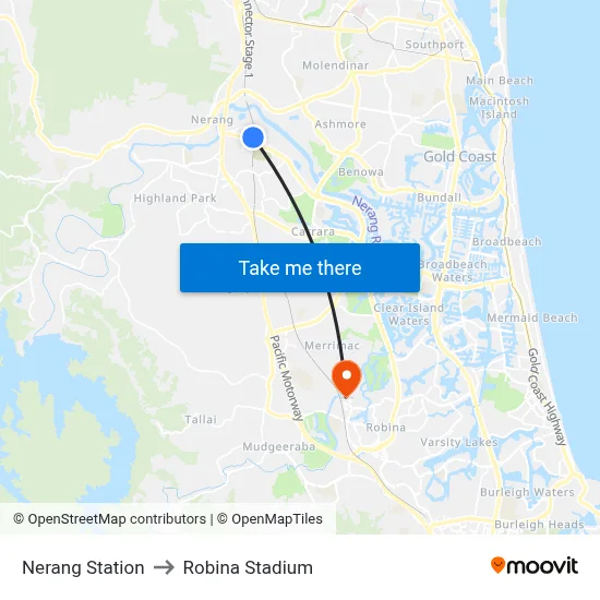 Nerang Station to Robina Stadium map