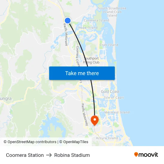 Coomera Station to Robina Stadium map