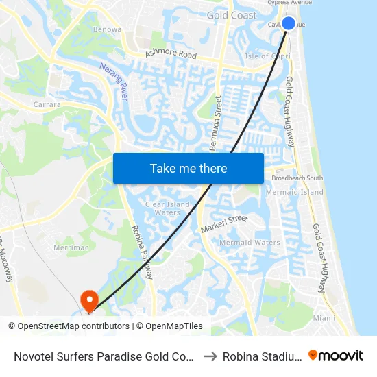 Novotel Surfers Paradise Gold Coast to Robina Stadium map