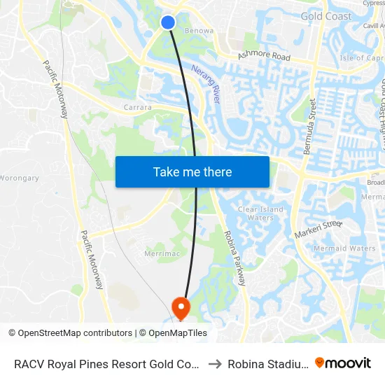 RACV Royal Pines Resort Gold Coast to Robina Stadium map