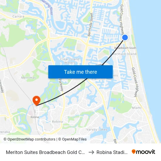 Meriton Suites Broadbeach Gold Coast to Robina Stadium map