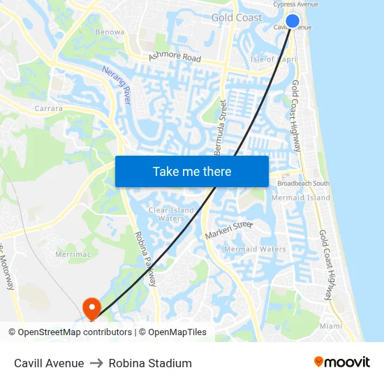 Cavill Avenue to Robina Stadium map