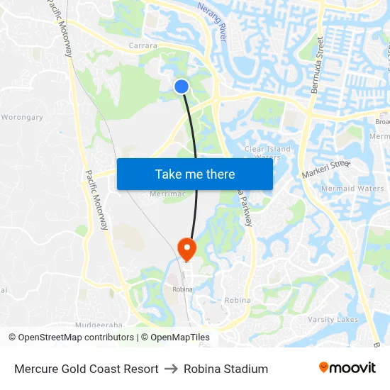Mercure Gold Coast Resort to Robina Stadium map