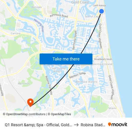 Q1 Resort &amp; Spa - Official, Gold Coast to Robina Stadium map