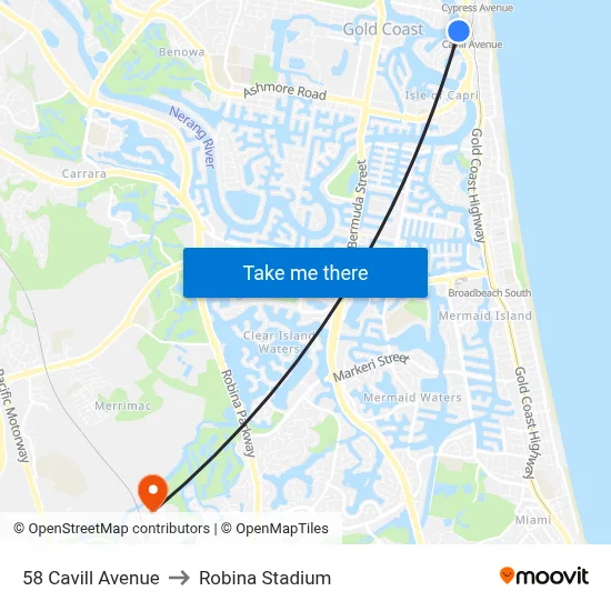58 Cavill Avenue to Robina Stadium map