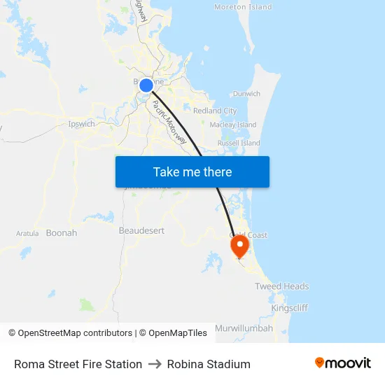 Roma Street Fire Station to Robina Stadium map