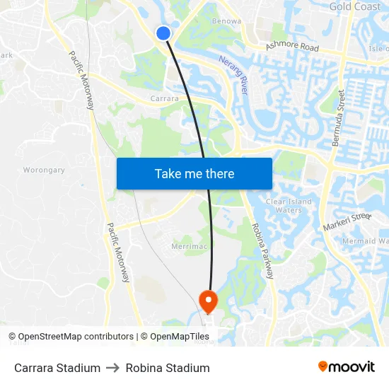 Carrara Stadium to Robina Stadium map