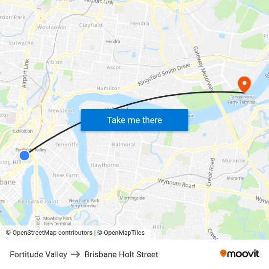 Fortitude Valley to Brisbane Holt Street map