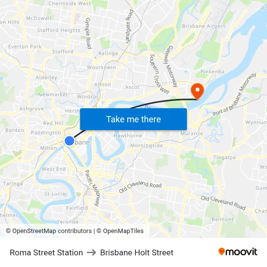 Roma Street Station to Brisbane Holt Street map