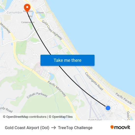 Gold Coast Airport (Ool) to TreeTop Challenge map