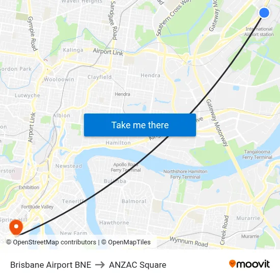 Brisbane Airport BNE to ANZAC Square map