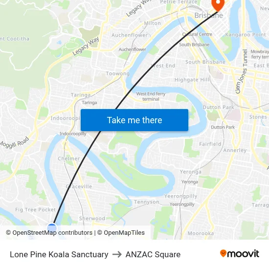 Lone Pine Koala Sanctuary to ANZAC Square map