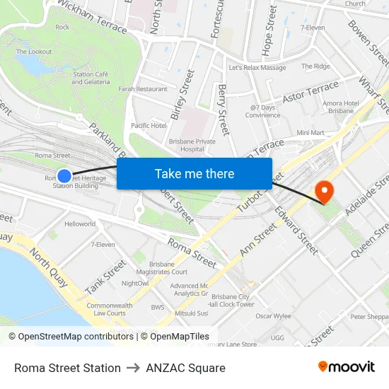 Roma Street Station to ANZAC Square map