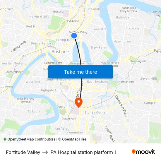Fortitude Valley to PA Hospital station platform 1 map