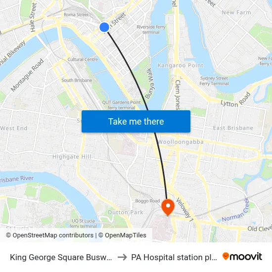 King George Square Busway Station to PA Hospital station platform 1 map