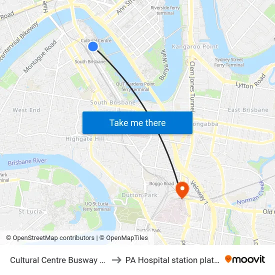 Cultural Centre Busway Station to PA Hospital station platform 1 map