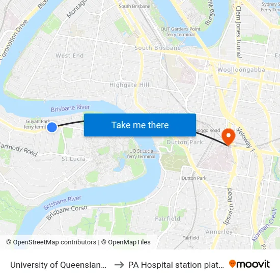 University of Queensland Union to PA Hospital station platform 1 map