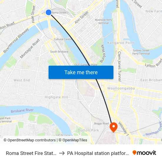 Roma Street Fire Station to PA Hospital station platform 1 map