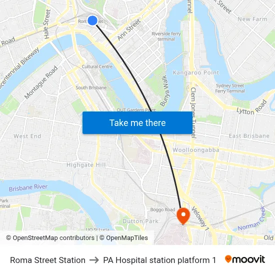 Roma Street Station to PA Hospital station platform 1 map