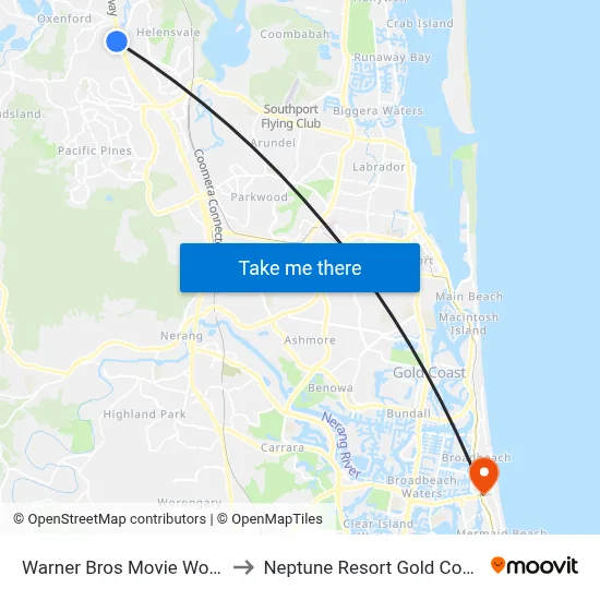 Warner Bros Movie World to Neptune Resort Gold Coast map