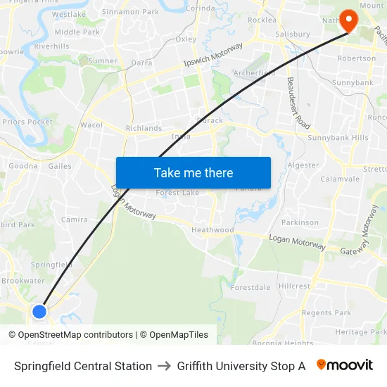 Springfield Central Station to Griffith University Stop A map