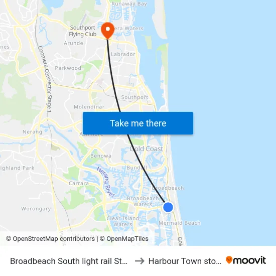 Broadbeach South light rail Station to Harbour Town stop B map