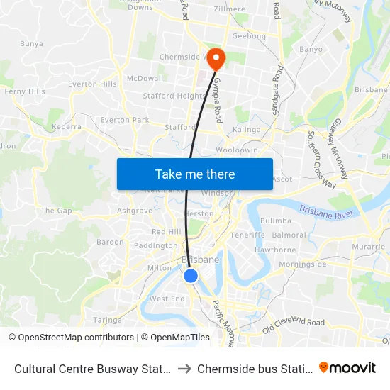 Cultural Centre Busway Station to Chermside bus Station map
