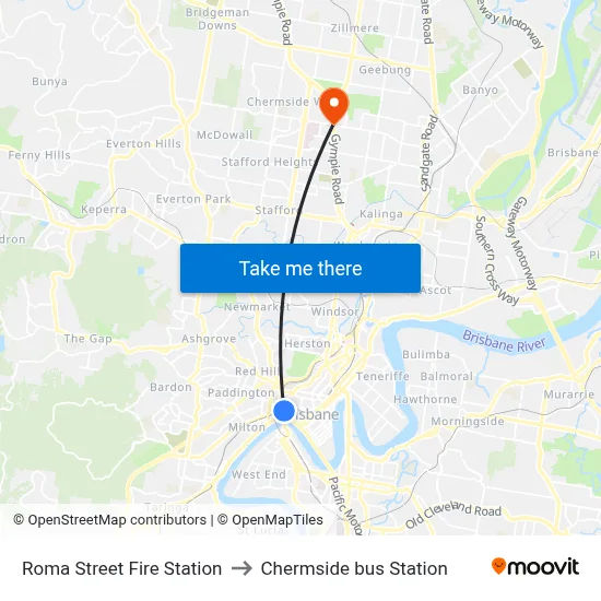 Roma Street Fire Station to Chermside bus Station map