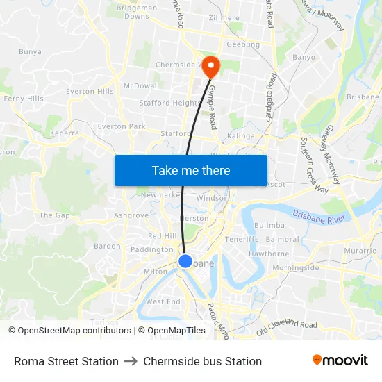 Roma Street Station to Chermside bus Station map