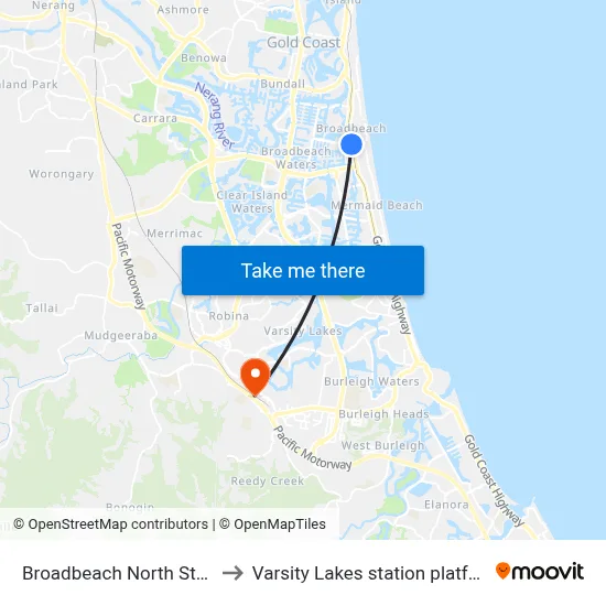 Broadbeach North Station to Varsity Lakes station platform 2 map