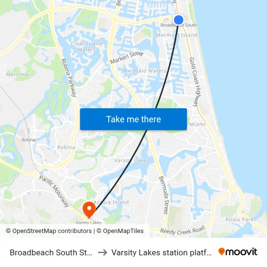 Broadbeach South Station to Varsity Lakes station platform 2 map