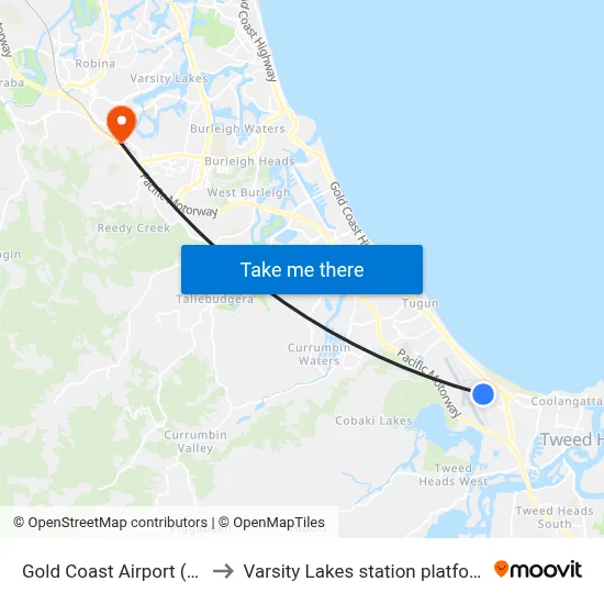 Gold Coast Airport (Ool) to Varsity Lakes station platform 2 map