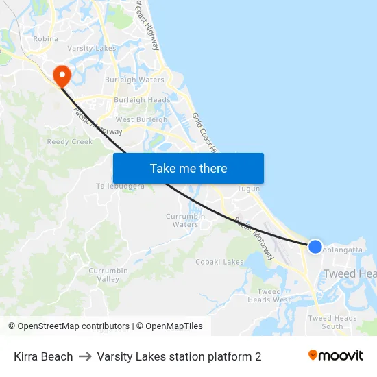 Kirra Beach to Varsity Lakes station platform 2 map