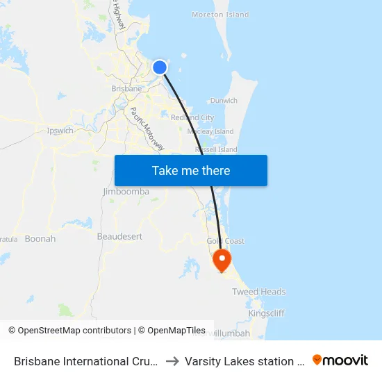 Brisbane International Cruise Terminal to Varsity Lakes station platform 2 map
