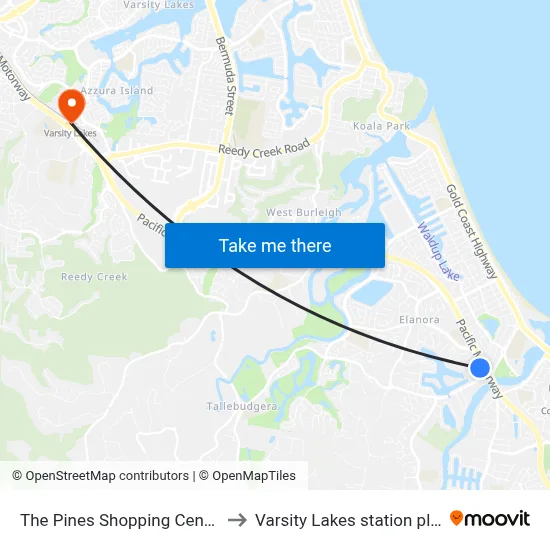 The Pines Shopping Centre stop A to Varsity Lakes station platform 2 map