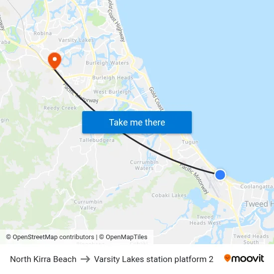 North Kirra Beach to Varsity Lakes station platform 2 map