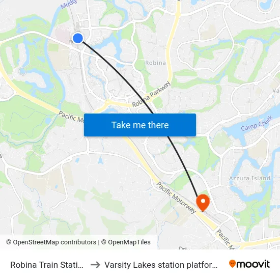 Robina Train Station to Varsity Lakes station platform 2 map