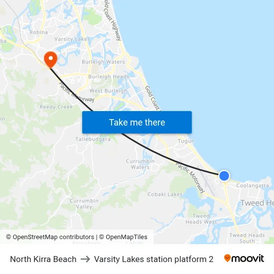 North Kirra Beach to Varsity Lakes station platform 2 map