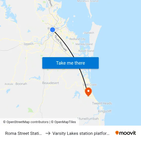 Roma Street Station to Varsity Lakes station platform 2 map