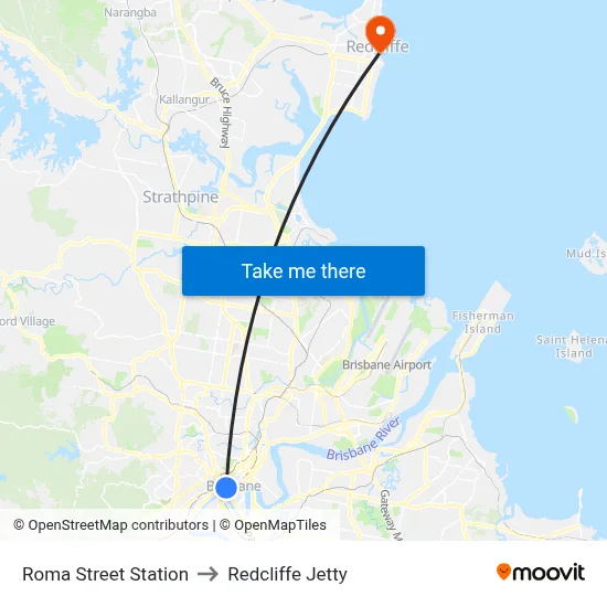 Roma Street Station to Redcliffe Jetty map