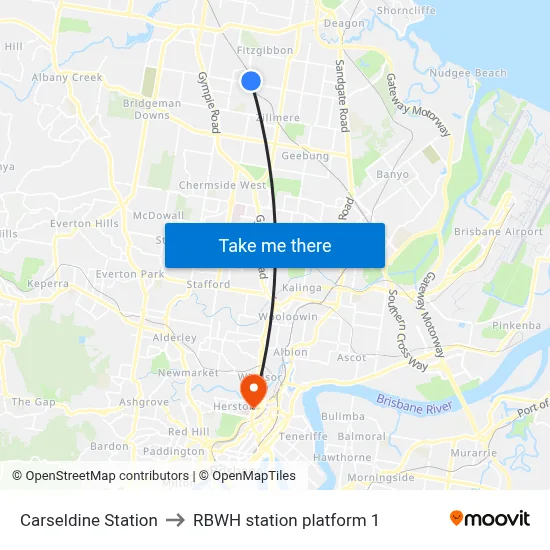 Carseldine Station to RBWH station platform 1 map